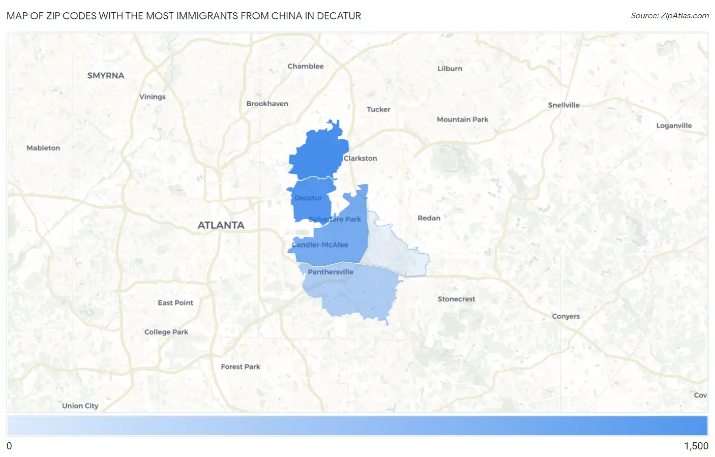 Zip Codes with the Most Immigrants from China in Decatur Map