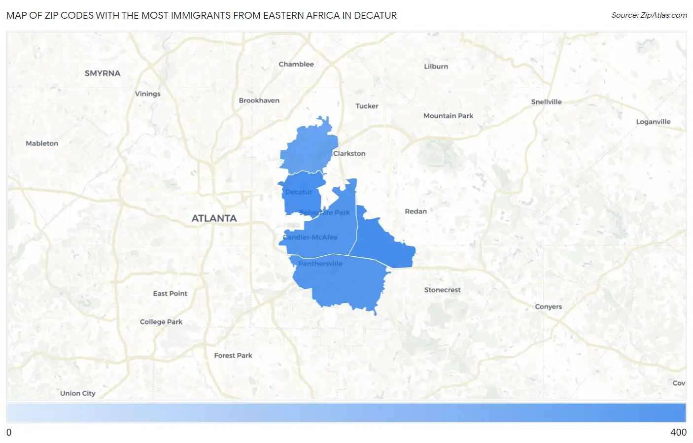 Zip Codes with the Most Immigrants from Eastern Africa in Decatur Map