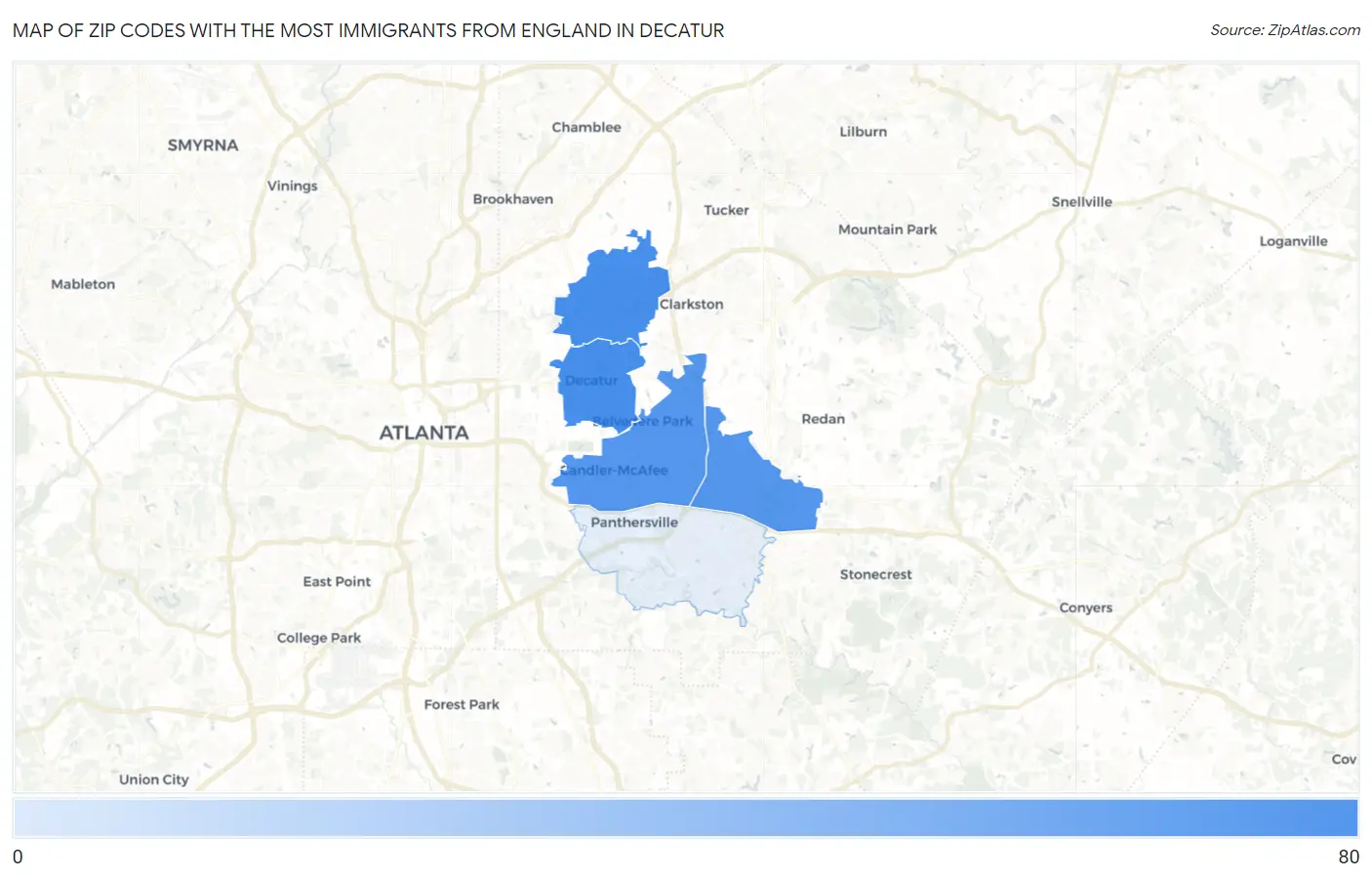 Zip Codes with the Most Immigrants from England in Decatur Map