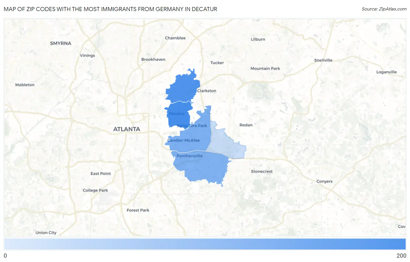 Zip Codes with the Most Immigrants from Germany in Decatur Map