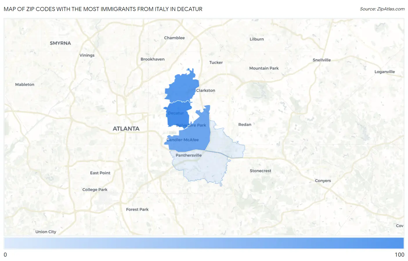 Zip Codes with the Most Immigrants from Italy in Decatur Map