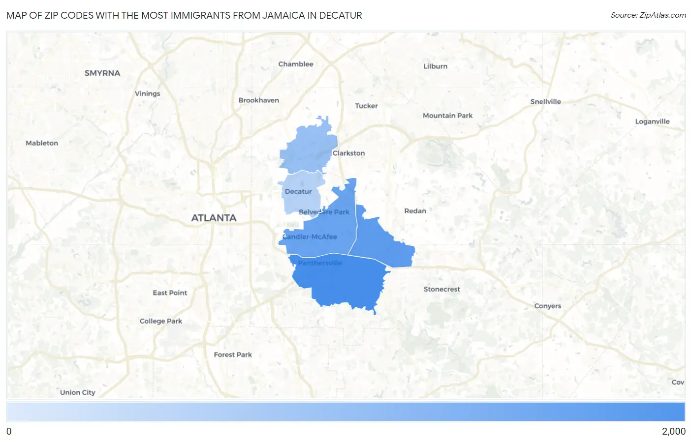 Zip Codes with the Most Immigrants from Jamaica in Decatur Map