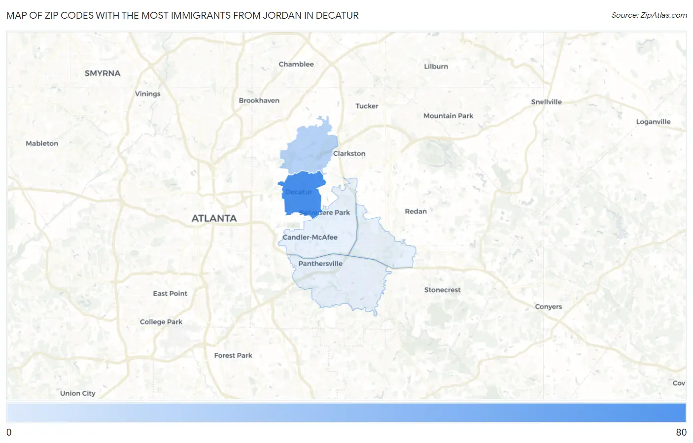 Zip Codes with the Most Immigrants from Jordan in Decatur Map