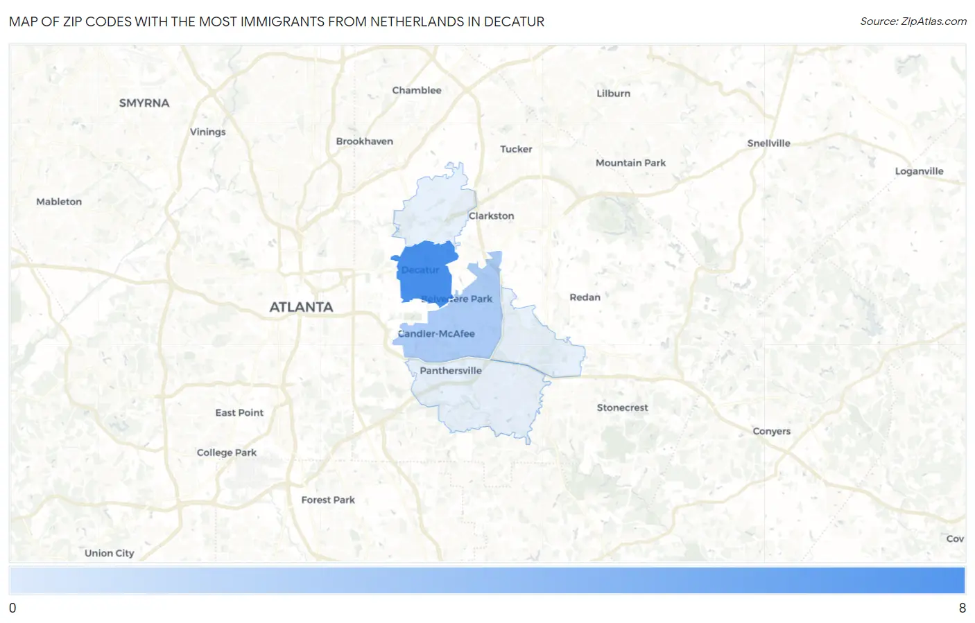 Zip Codes with the Most Immigrants from Netherlands in Decatur Map