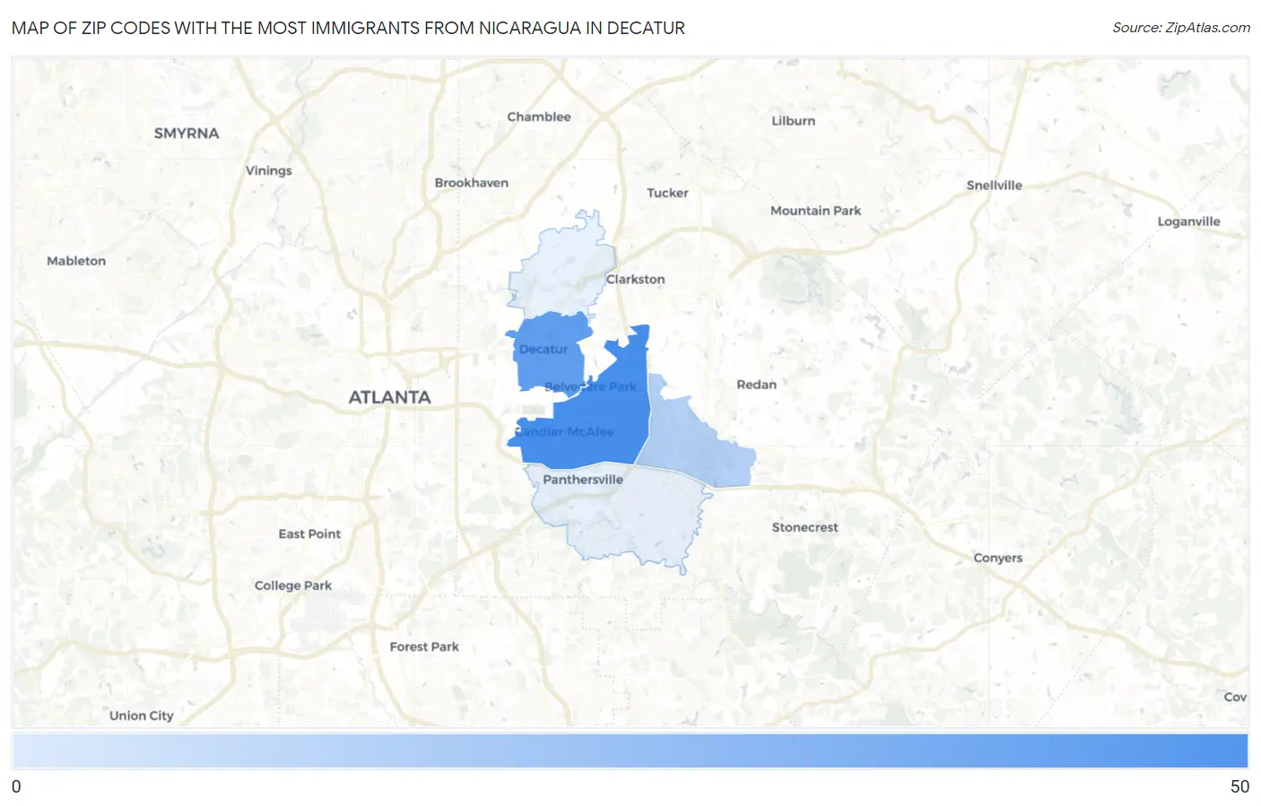 Zip Codes with the Most Immigrants from Nicaragua in Decatur Map
