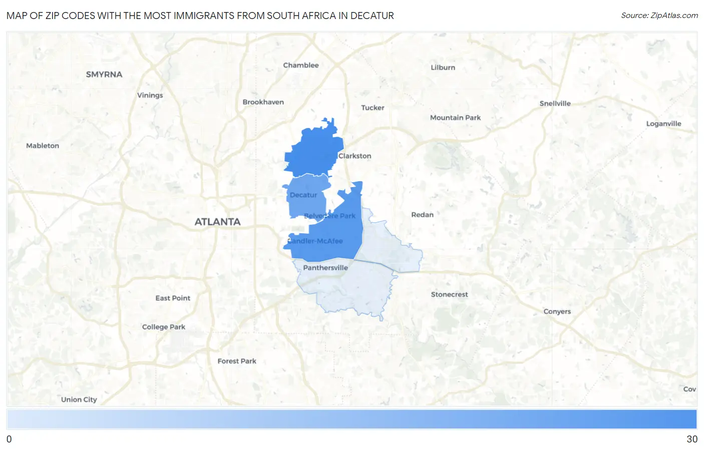 Zip Codes with the Most Immigrants from South Africa in Decatur Map