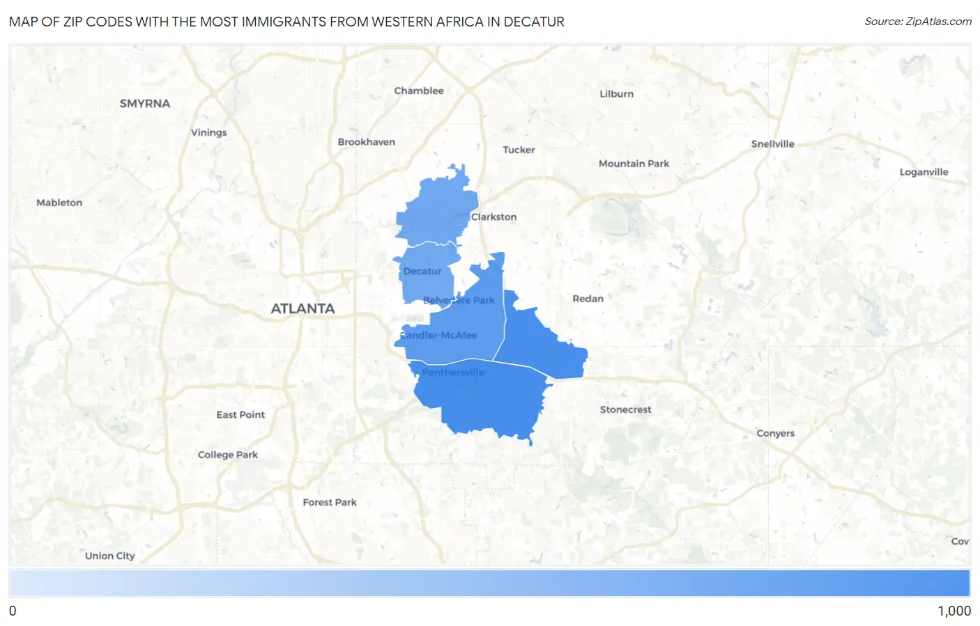 Zip Codes with the Most Immigrants from Western Africa in Decatur Map