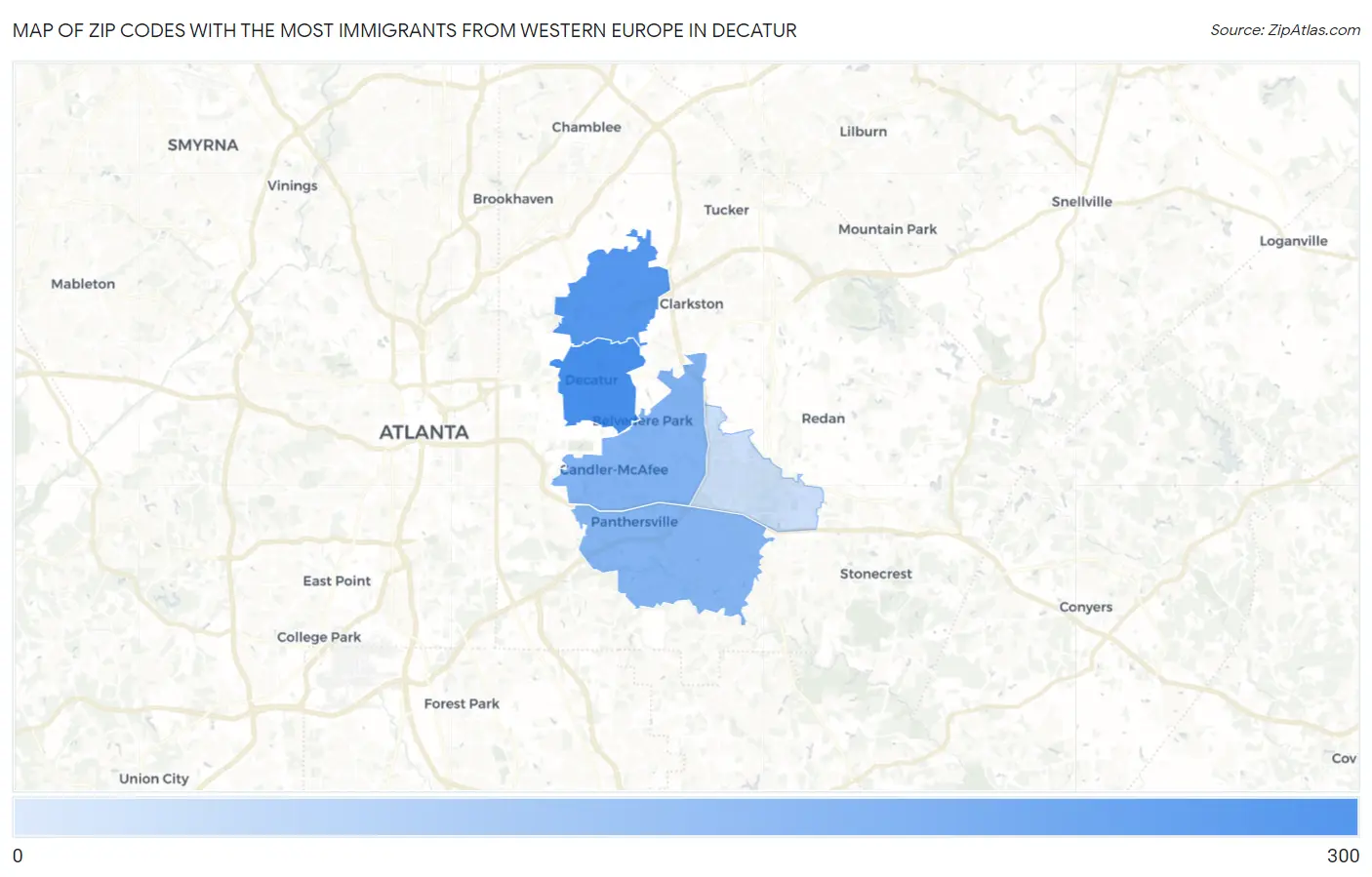 Zip Codes with the Most Immigrants from Western Europe in Decatur Map