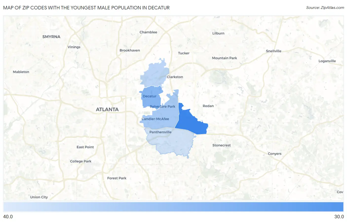Zip Codes with the Youngest Male Population in Decatur Map