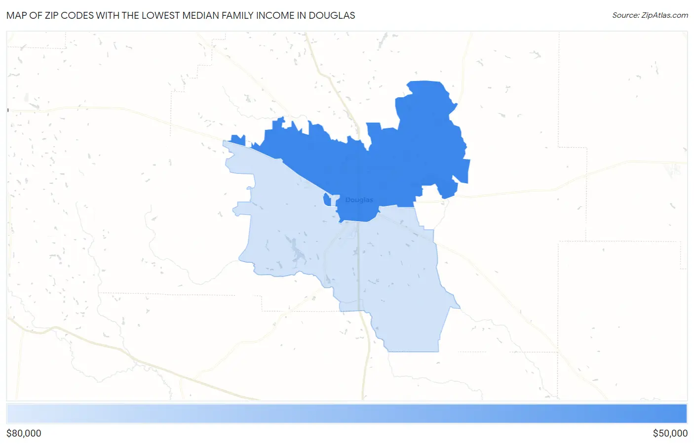 Zip Codes with the Lowest Median Family Income in Douglas Map