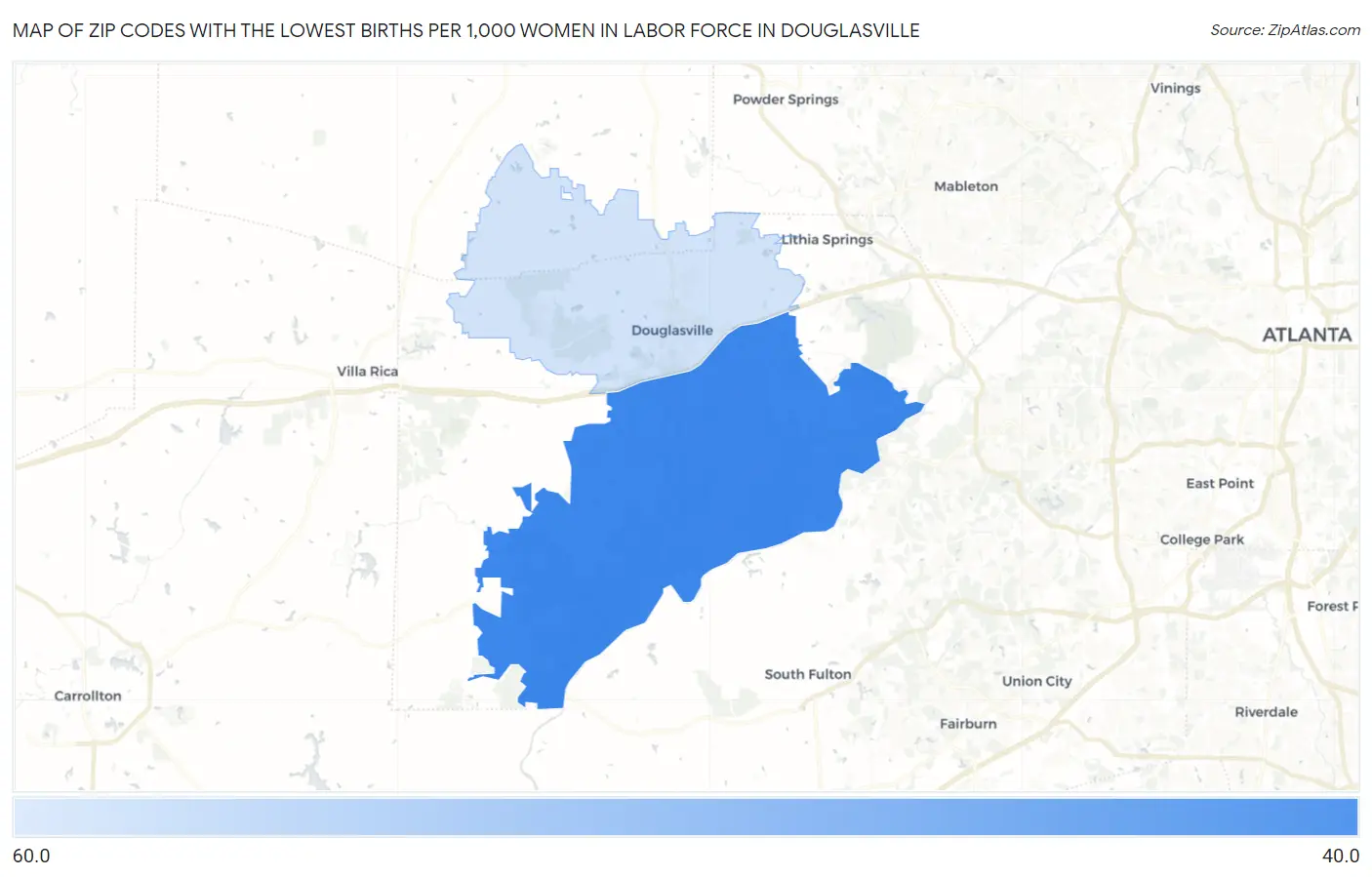 Zip Codes with the Lowest Births per 1,000 Women in Labor Force in Douglasville Map