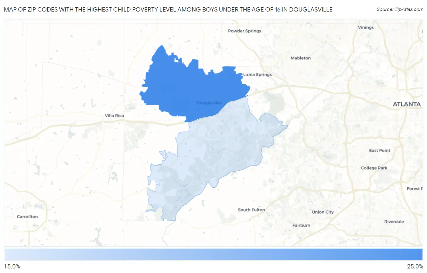 Zip Codes with the Highest Child Poverty Level Among Boys Under the Age of 16 in Douglasville Map