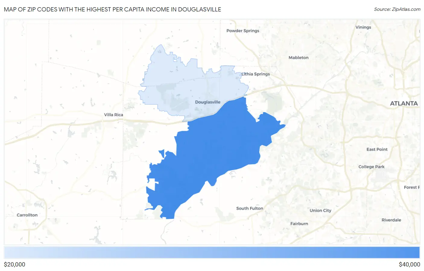 Zip Codes with the Highest Per Capita Income in Douglasville Map
