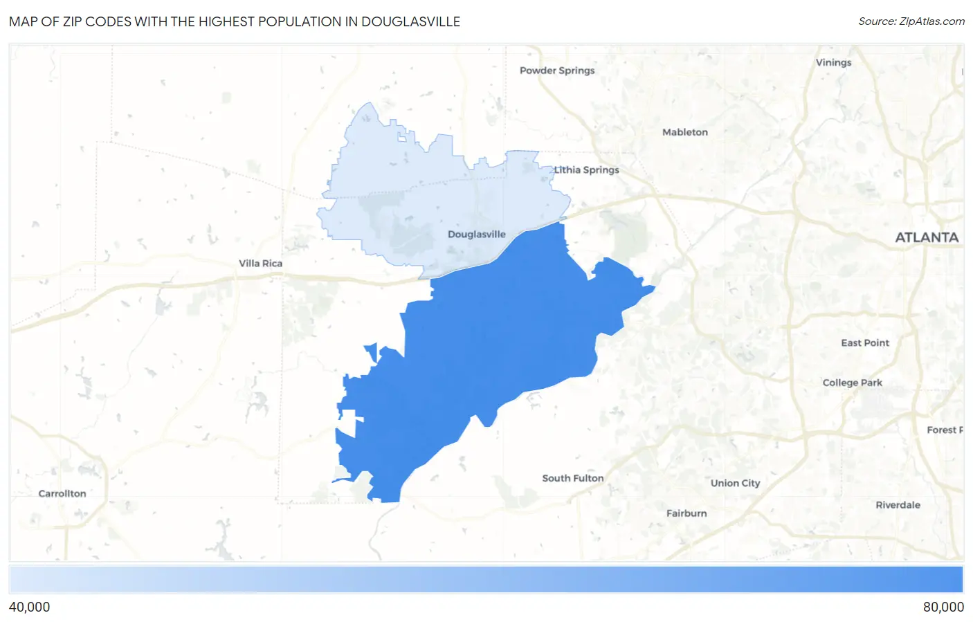Zip Codes with the Highest Population in Douglasville Map