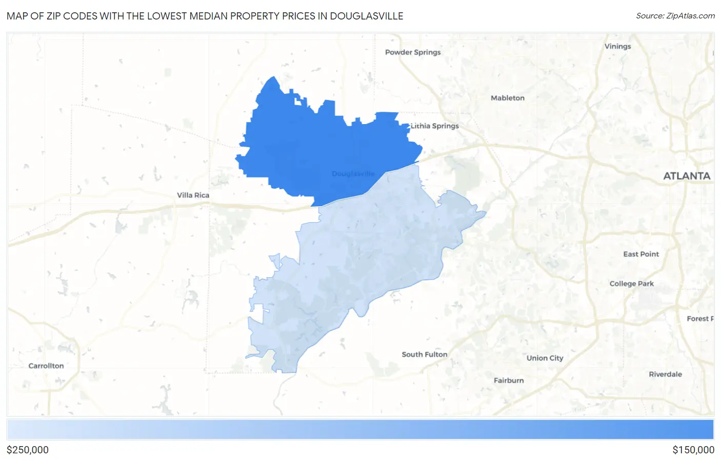 Zip Codes with the Lowest Median Property Prices in Douglasville Map