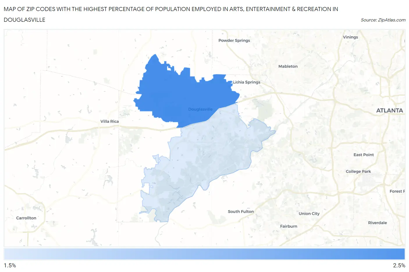 Zip Codes with the Highest Percentage of Population Employed in Arts, Entertainment & Recreation in Douglasville Map