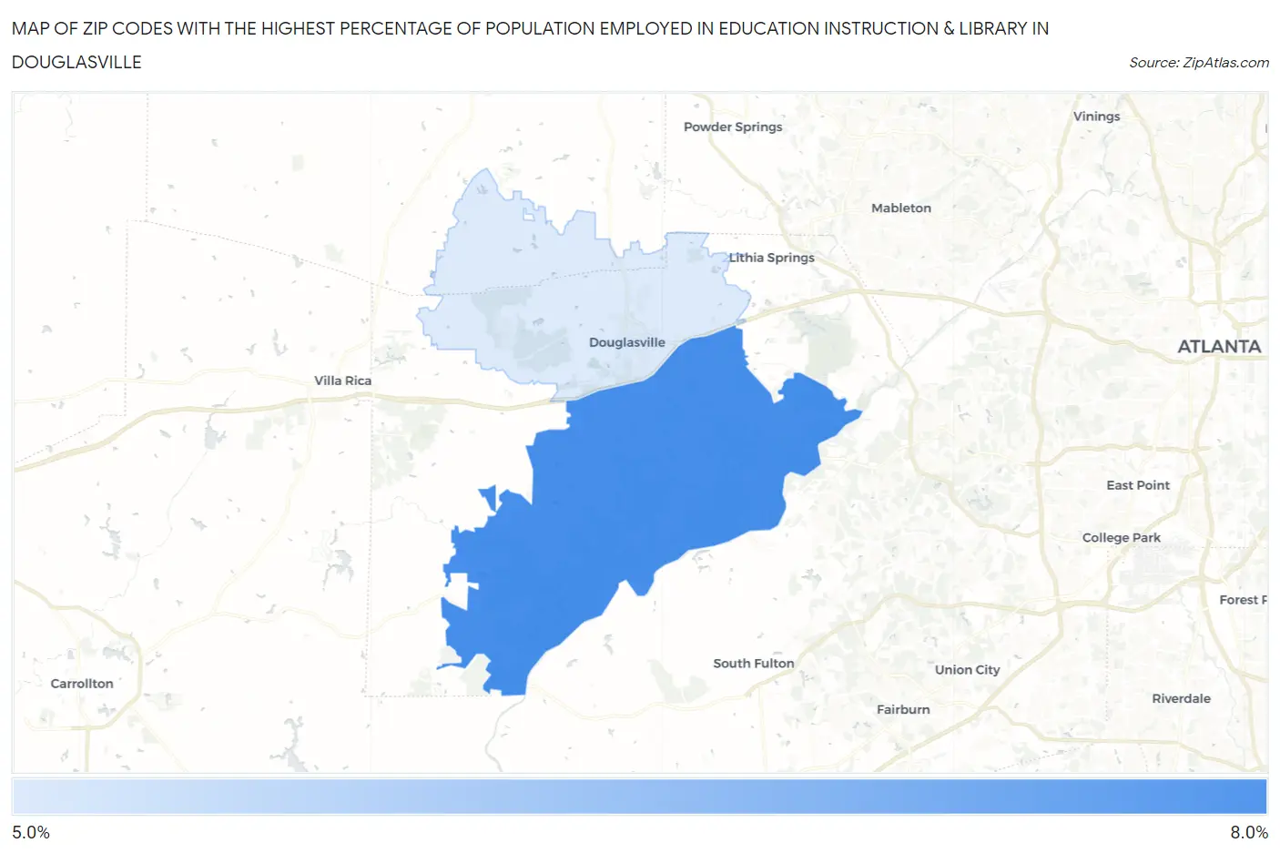 Zip Codes with the Highest Percentage of Population Employed in Education Instruction & Library in Douglasville Map