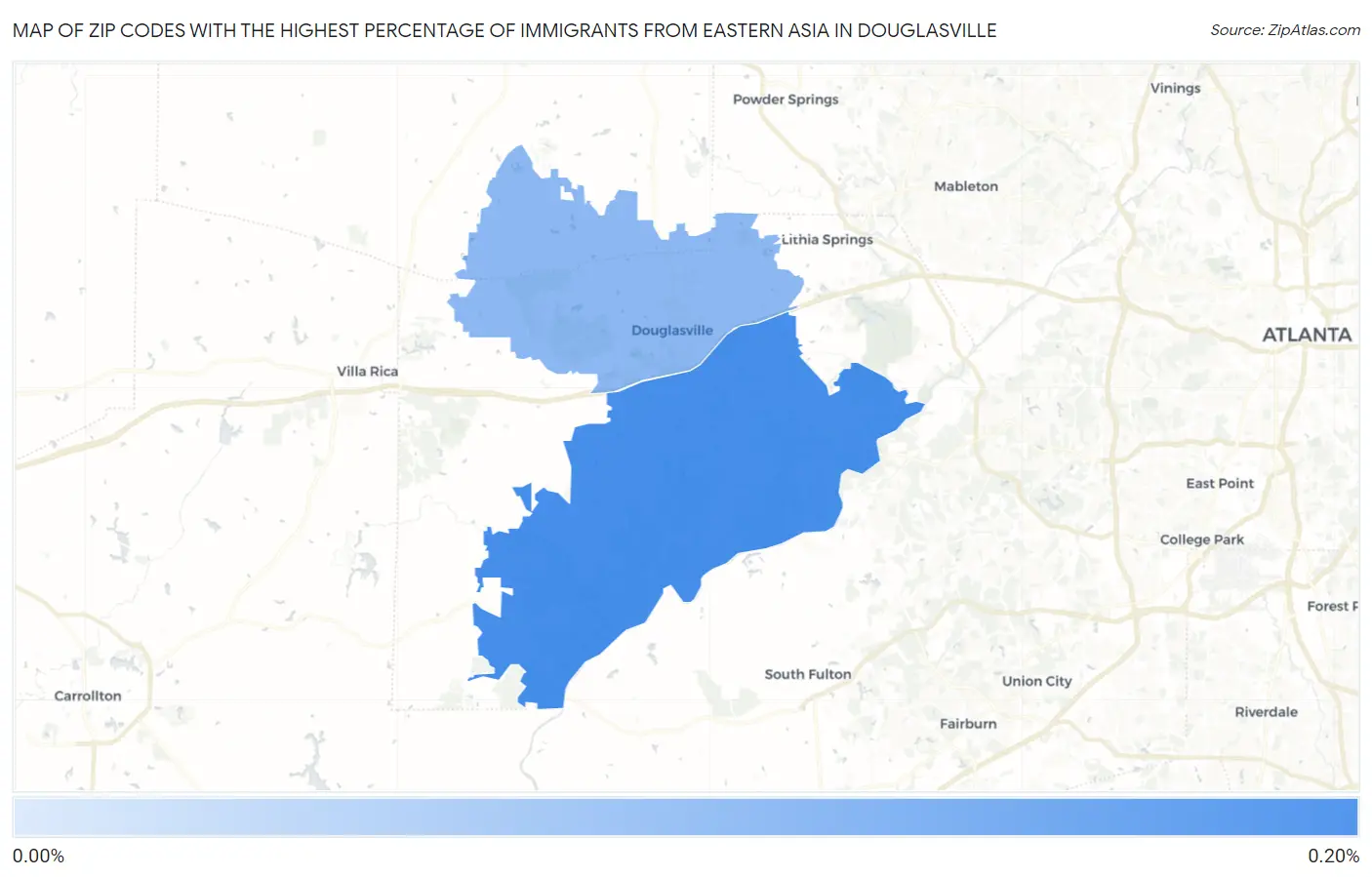 Zip Codes with the Highest Percentage of Immigrants from Eastern Asia in Douglasville Map