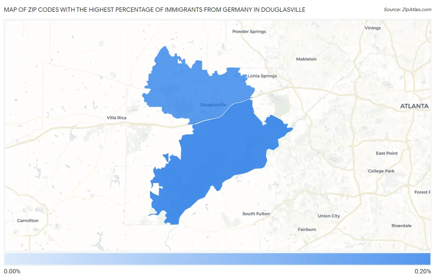 Zip Codes with the Highest Percentage of Immigrants from Germany in Douglasville Map