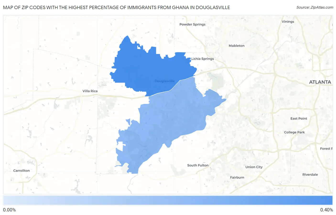 Zip Codes with the Highest Percentage of Immigrants from Ghana in Douglasville Map