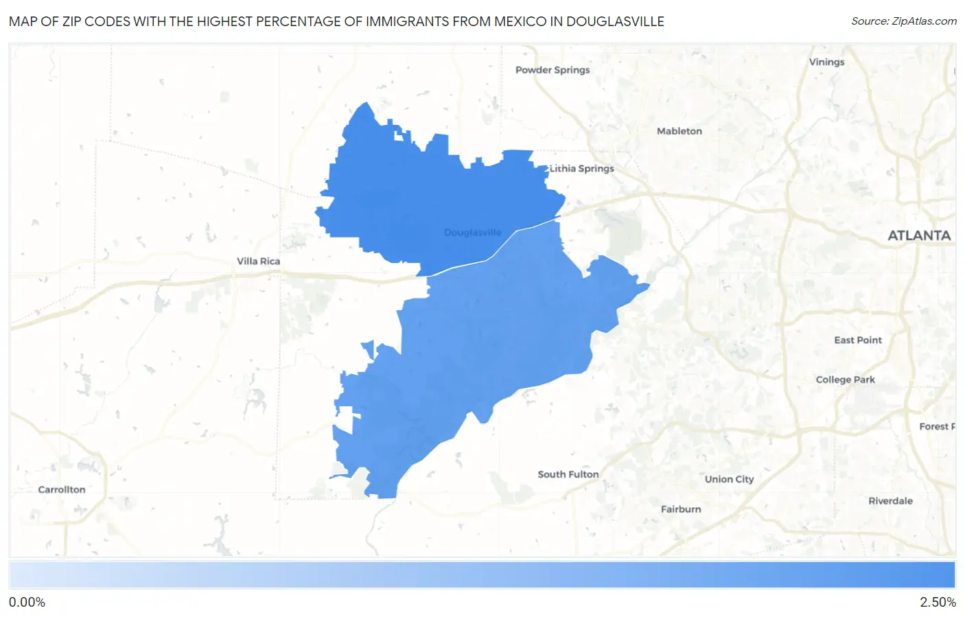Zip Codes with the Highest Percentage of Immigrants from Mexico in Douglasville Map