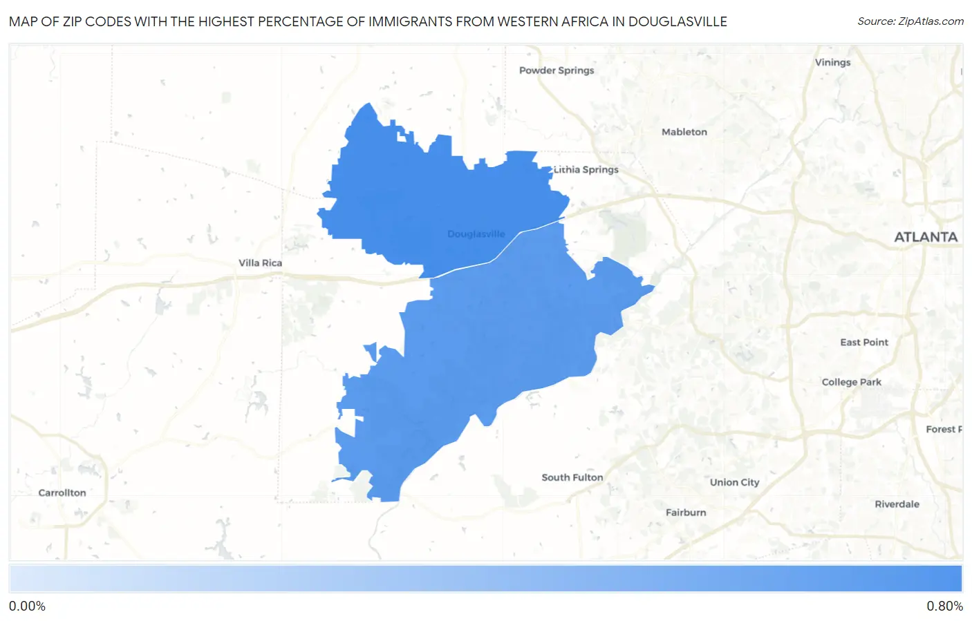 Zip Codes with the Highest Percentage of Immigrants from Western Africa in Douglasville Map