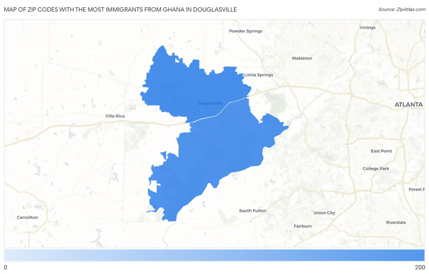 Zip Codes with the Most Immigrants from Ghana in Douglasville Map
