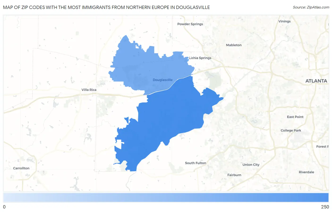 Zip Codes with the Most Immigrants from Northern Europe in Douglasville Map