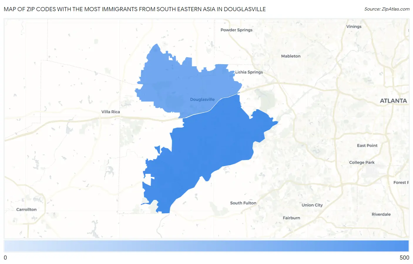 Zip Codes with the Most Immigrants from South Eastern Asia in Douglasville Map
