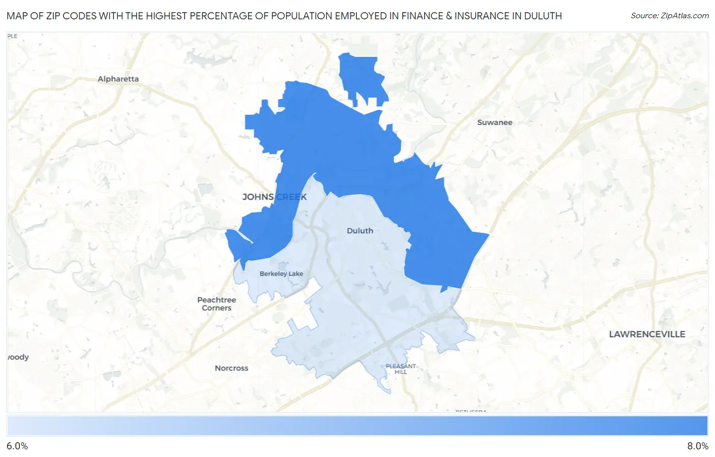 Zip Codes with the Highest Percentage of Population Employed in Finance & Insurance in Duluth Map