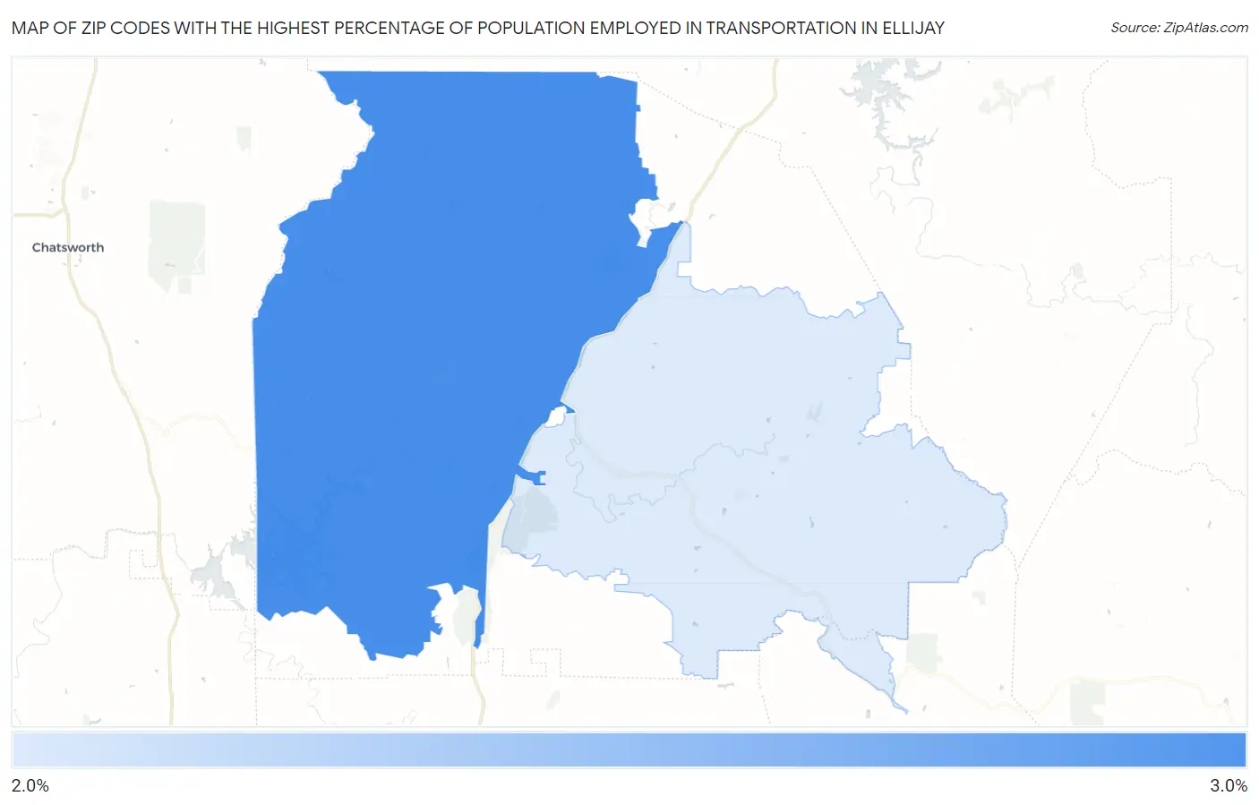 Zip Codes with the Highest Percentage of Population Employed in Transportation in Ellijay Map