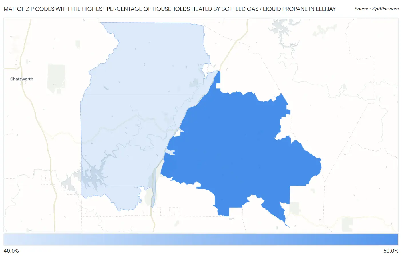 Zip Codes with the Highest Percentage of Households Heated by Bottled Gas / Liquid Propane in Ellijay Map