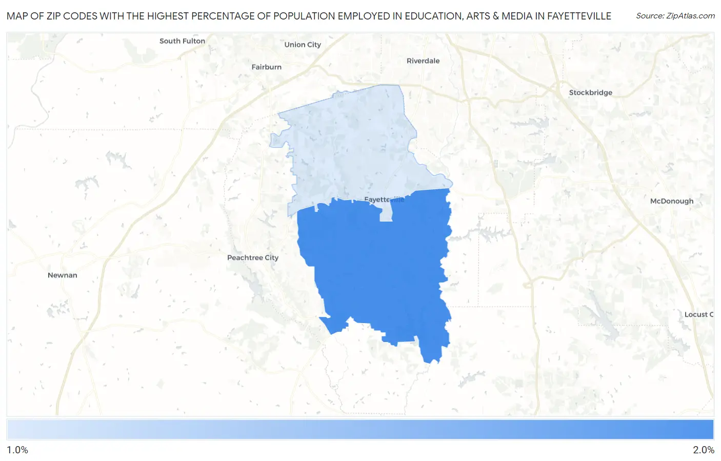 Zip Codes with the Highest Percentage of Population Employed in Education, Arts & Media in Fayetteville Map