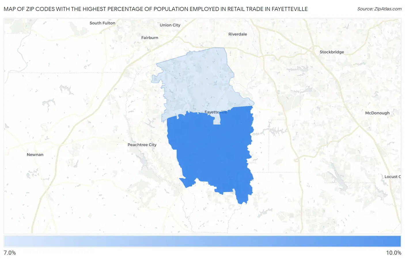 Zip Codes with the Highest Percentage of Population Employed in Retail Trade in Fayetteville Map