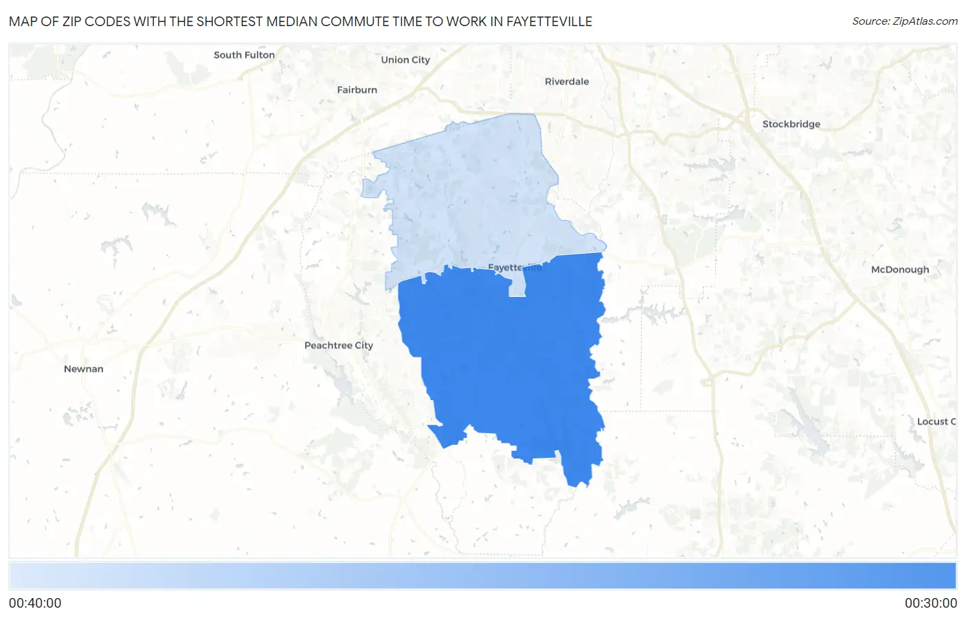 Zip Codes with the Shortest Median Commute Time to Work in Fayetteville Map