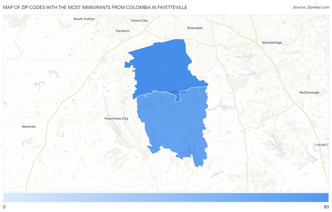 Zip Codes with the Most Immigrants from Colombia in Fayetteville Map
