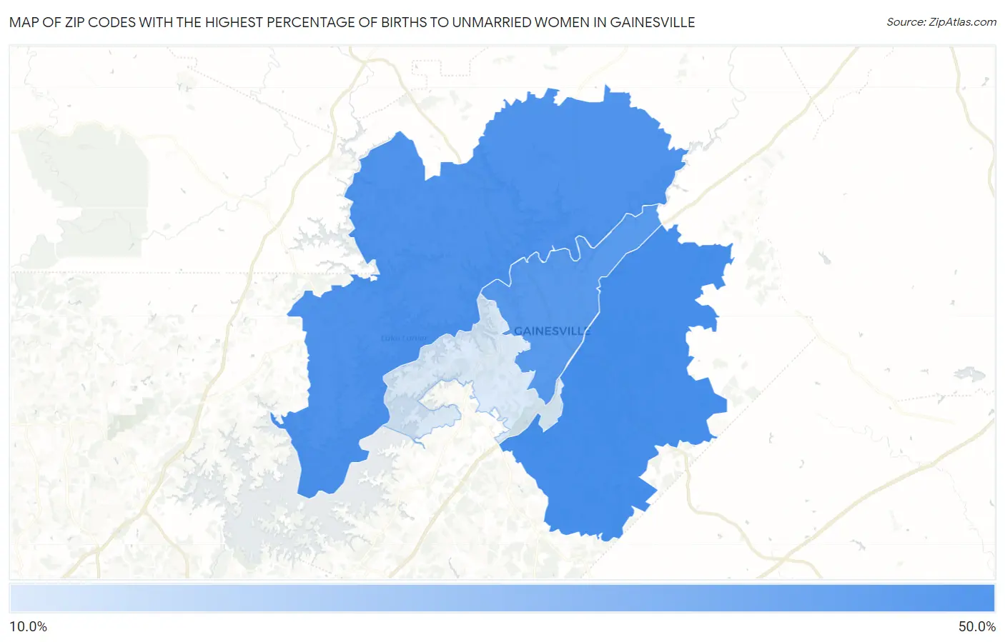 Zip Codes with the Highest Percentage of Births to Unmarried Women in Gainesville Map