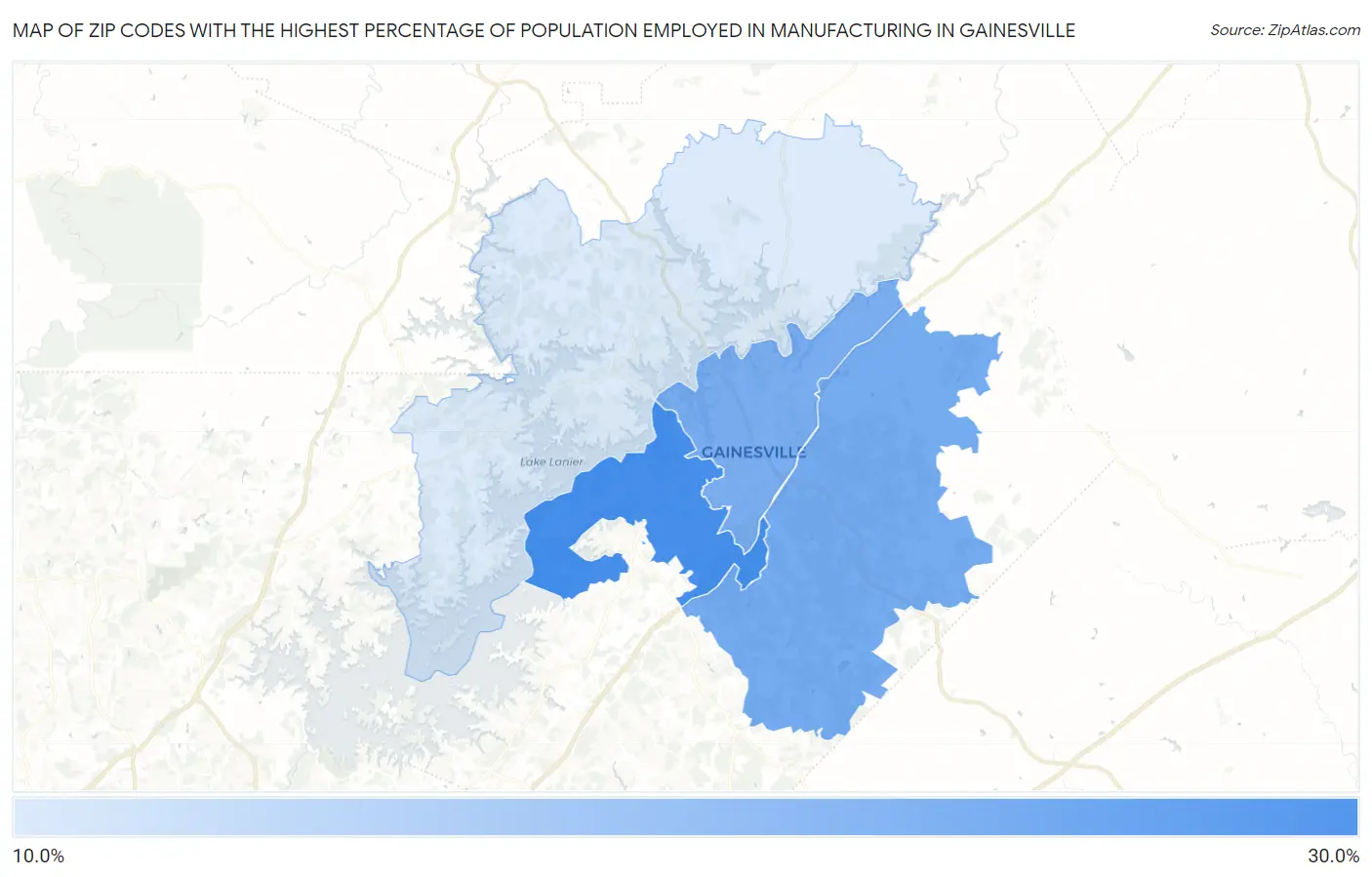 Zip Codes with the Highest Percentage of Population Employed in Manufacturing in Gainesville Map