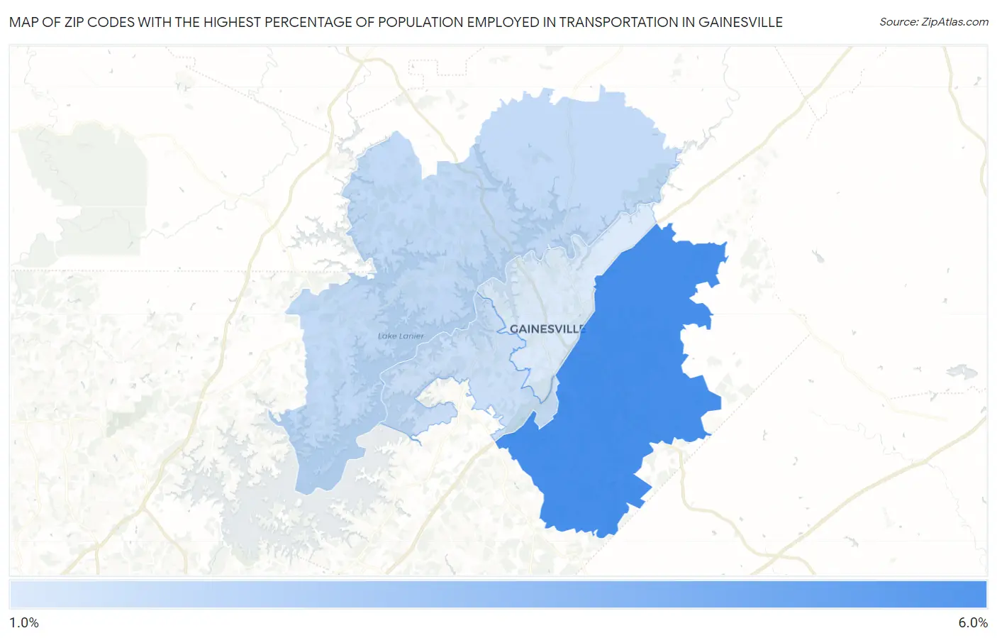 Zip Codes with the Highest Percentage of Population Employed in Transportation in Gainesville Map