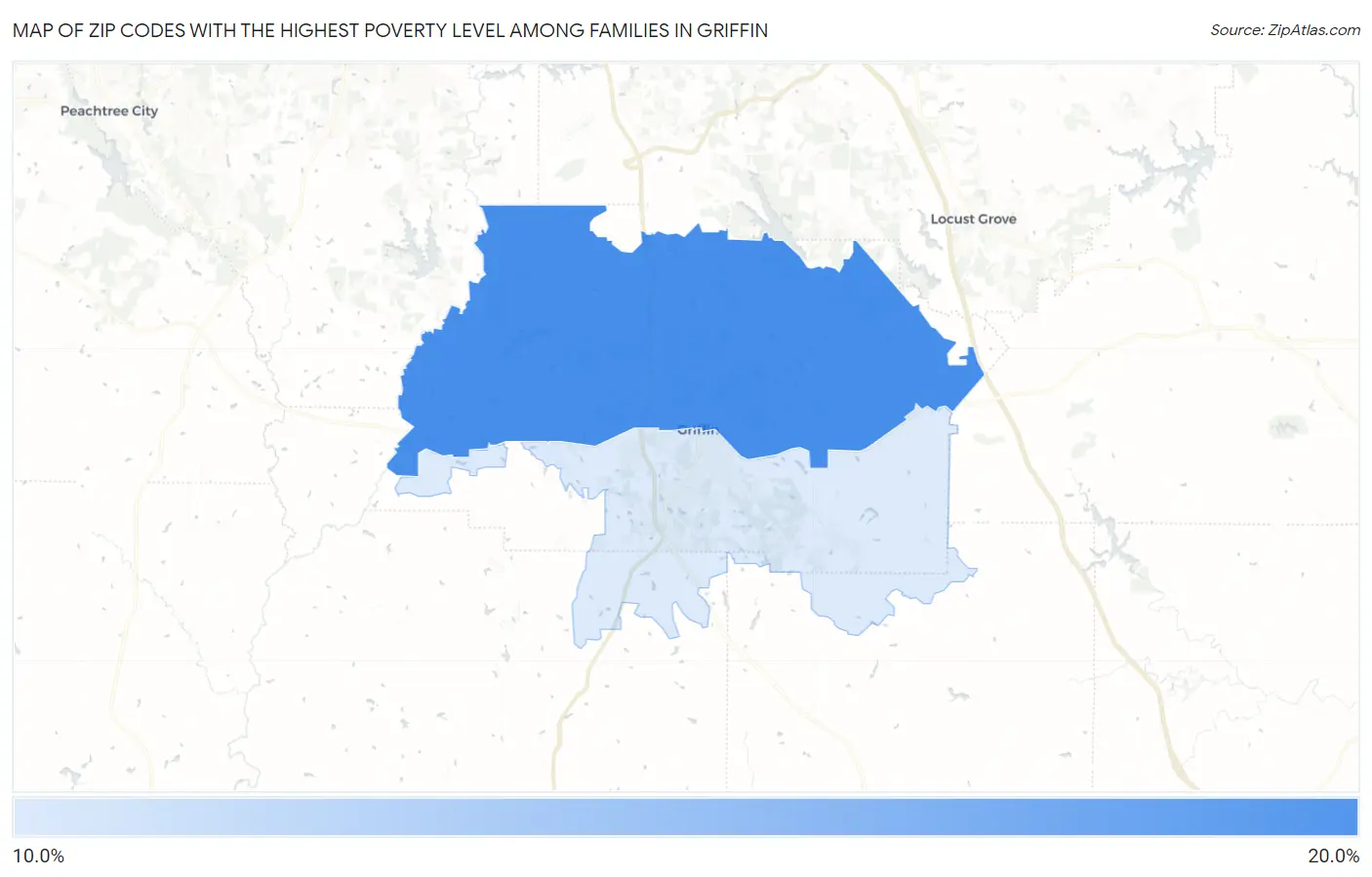 Zip Codes with the Highest Poverty Level Among Families in Griffin Map