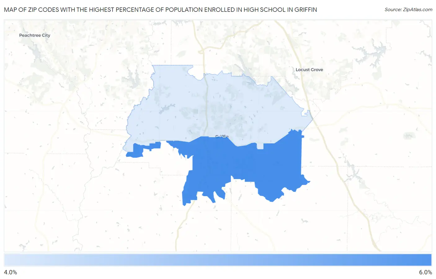 Zip Codes with the Highest Percentage of Population Enrolled in High School in Griffin Map