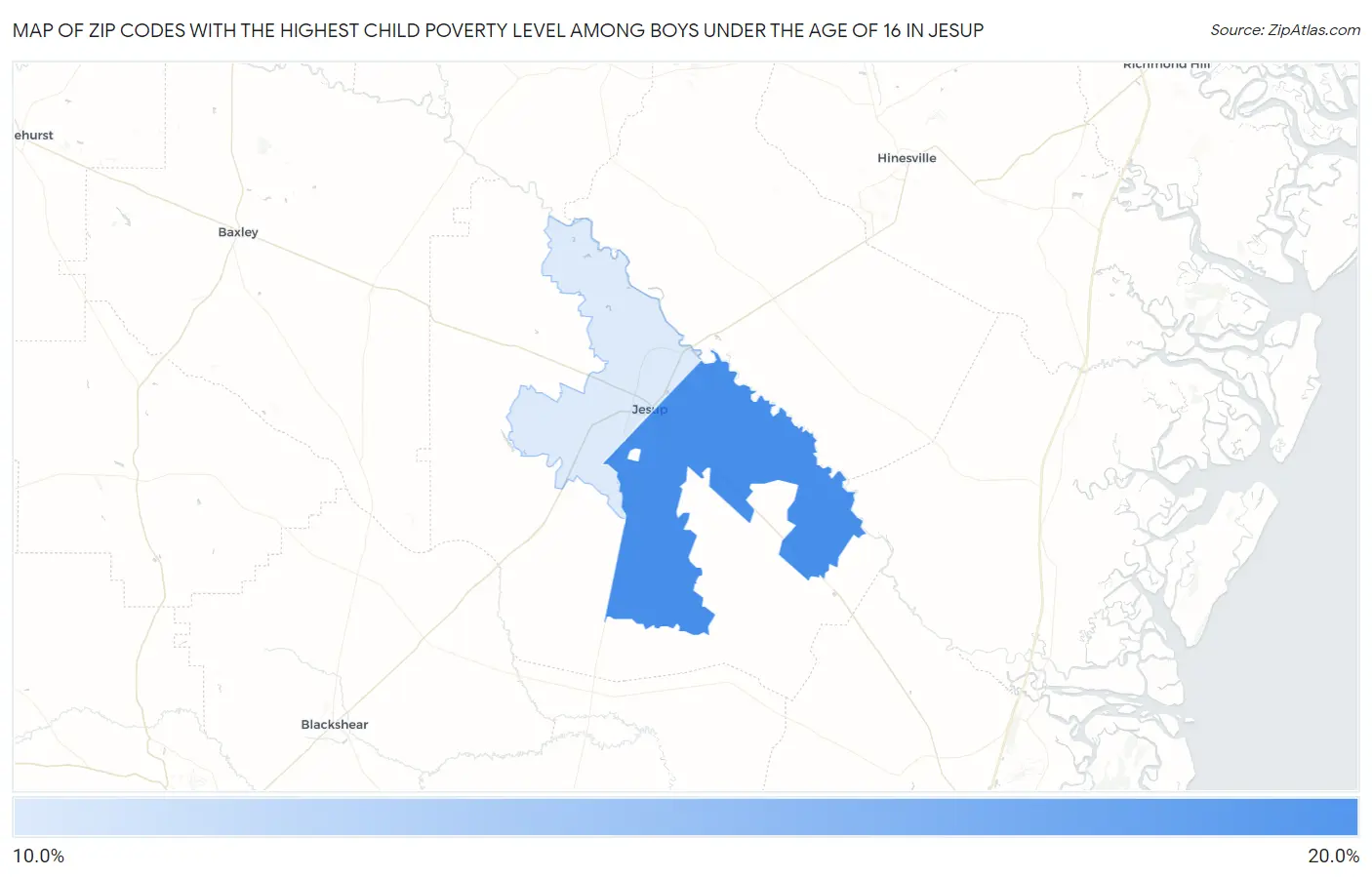 Zip Codes with the Highest Child Poverty Level Among Boys Under the Age of 16 in Jesup Map
