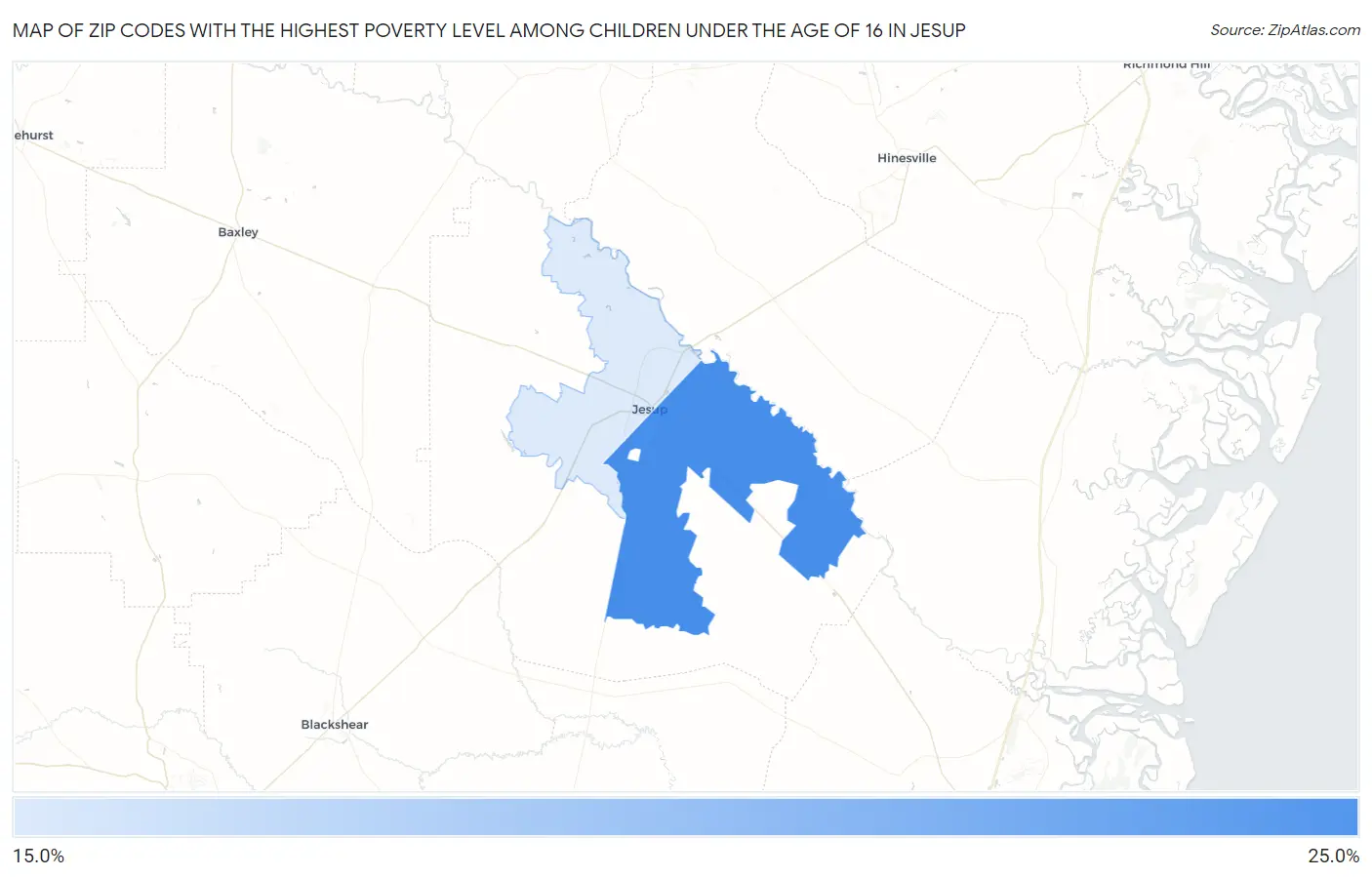 Zip Codes with the Highest Poverty Level Among Children Under the Age of 16 in Jesup Map