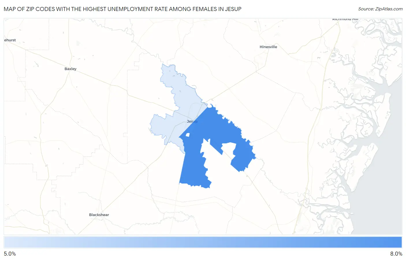 Zip Codes with the Highest Unemployment Rate Among Females in Jesup Map
