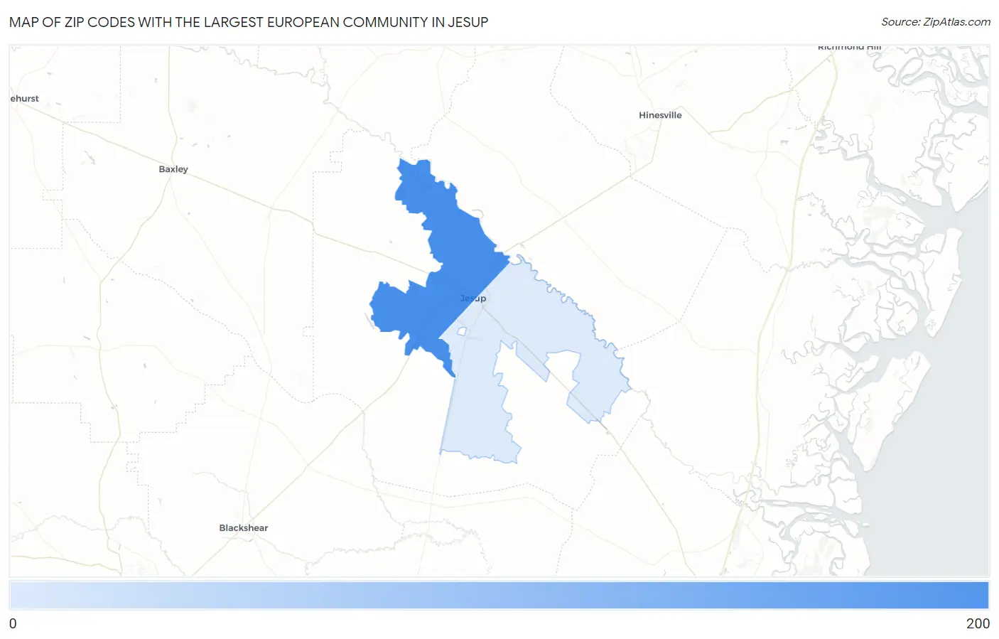 Zip Codes with the Largest European Community in Jesup Map