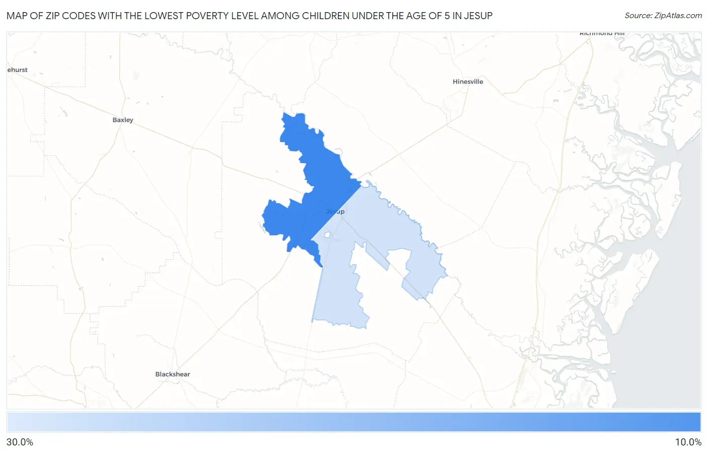 Zip Codes with the Lowest Poverty Level Among Children Under the Age of 5 in Jesup Map