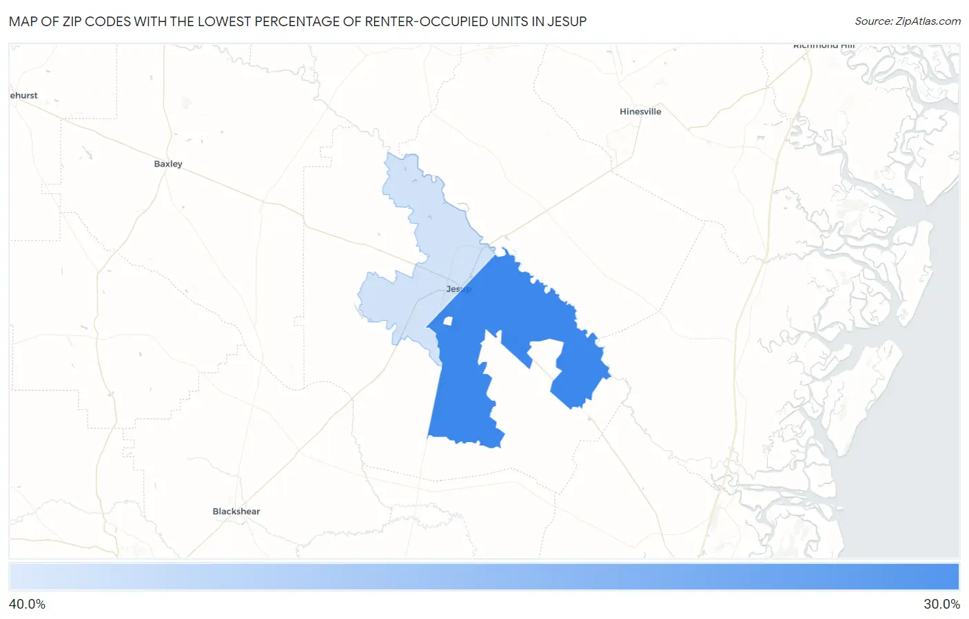 Zip Codes with the Lowest Percentage of Renter-Occupied Units in Jesup Map