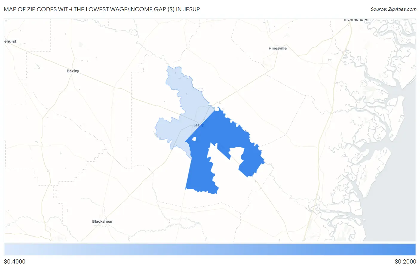 Zip Codes with the Lowest Wage/Income Gap ($) in Jesup Map