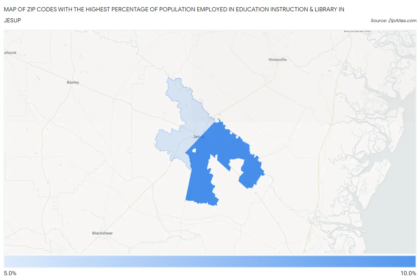 Zip Codes with the Highest Percentage of Population Employed in Education Instruction & Library in Jesup Map
