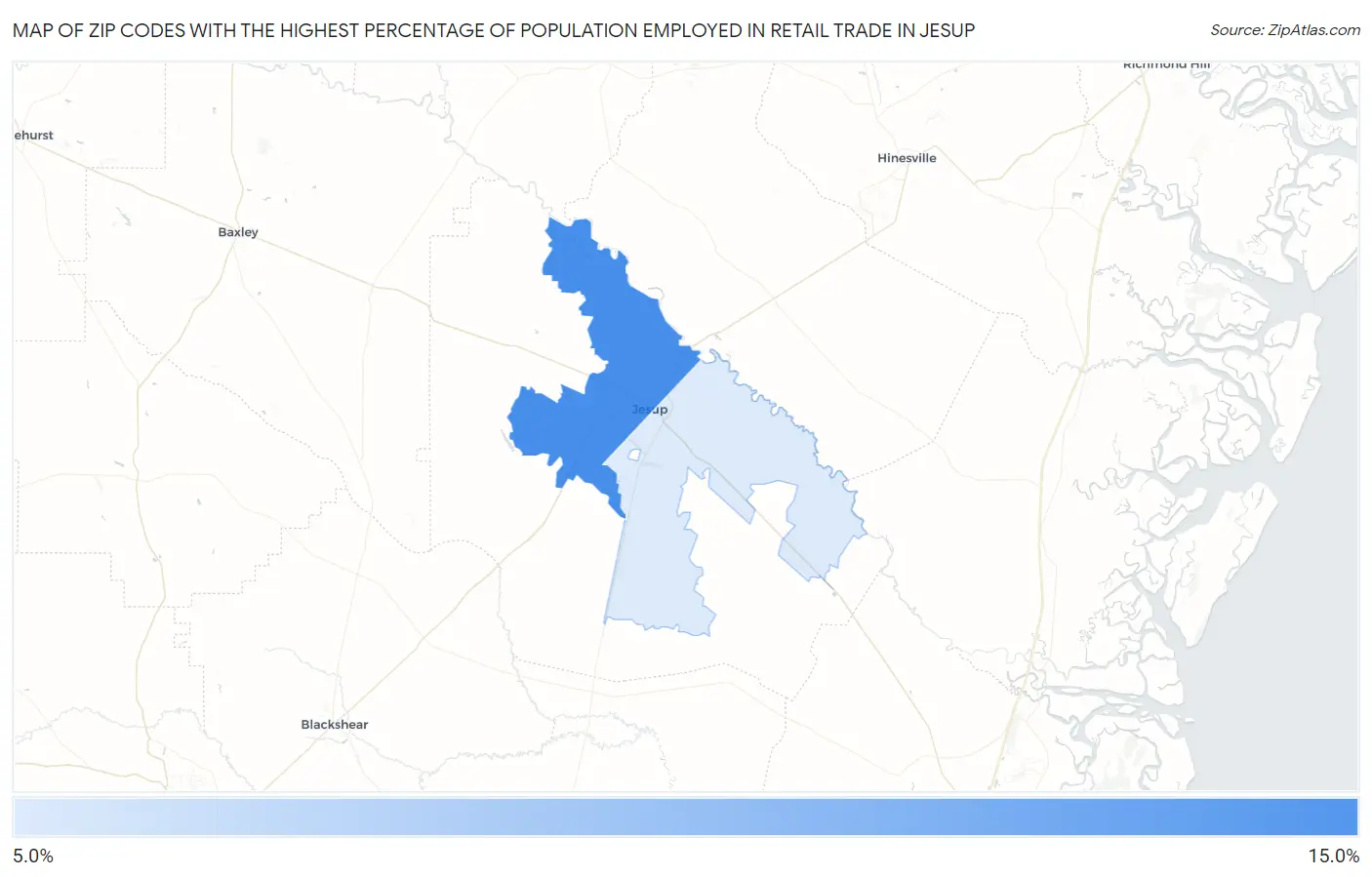 Zip Codes with the Highest Percentage of Population Employed in Retail Trade in Jesup Map